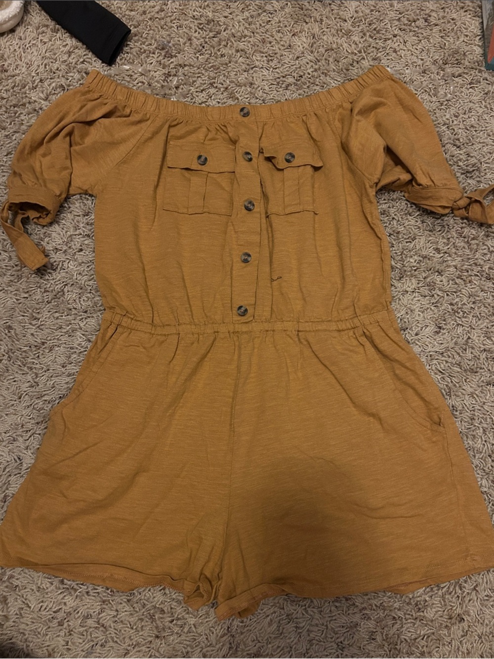 Derek Heart Mustard Off-Shoulder Short Sleeve Romper
